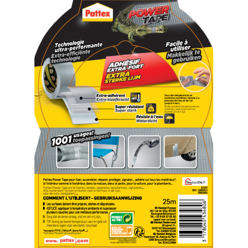Pack de 2 - Pattex - Adhésif Réparation Power Tape Gris Etui 25M