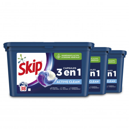 Skip Ultimate Lessive Capsules Trio Active Clean, Capsules 3en1 38 Dosettes