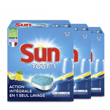 156 Tablettes Lave-Vaisselle Sun Tout En 1 Citron (Lot de 3x52 tablettes)