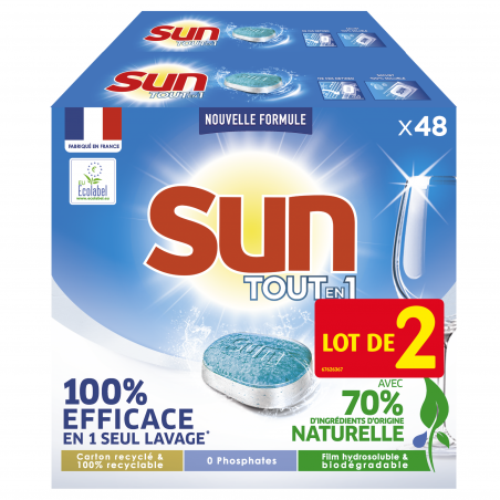 SUN Tablettes Lave-Vaisselle Tout En 1 Lot de 2x48 - 96 Lavages SUN Tablettes Lave-Vaisselle Tout En 1 Lot de 2x48 - 96 Lavages