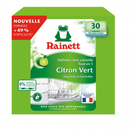 Pack de 4 - Rainett Tablettes machine Ecolabel Lave-Vaisselle Tout-en-1 Citron vert x30