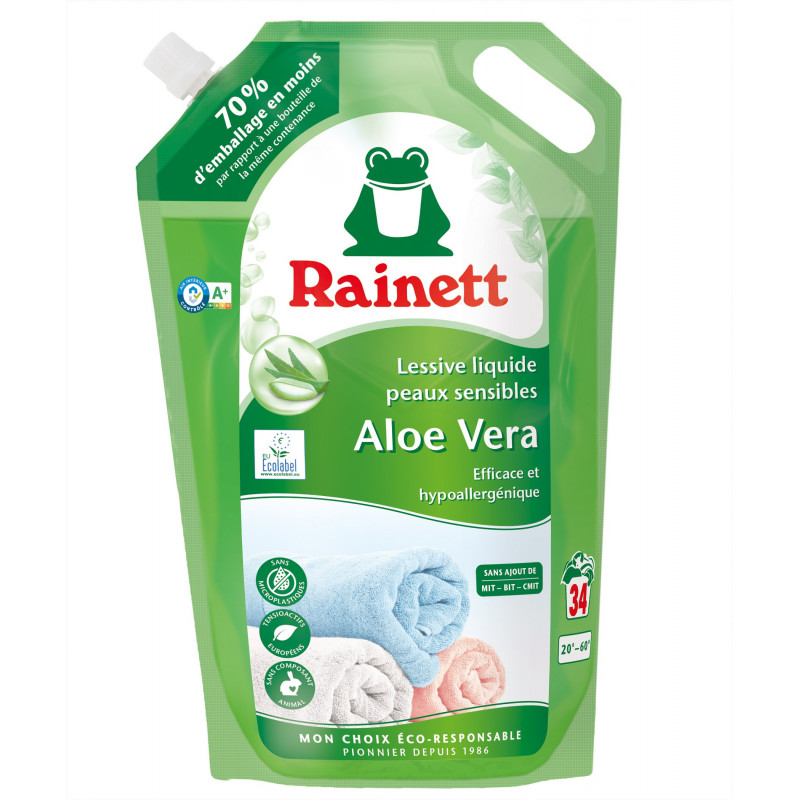 Pack de 3 - Rainett Lessive Liquide Peaux Sensibles Ecolabel Aloe Vera 1,7l - Recharge 34 lavages