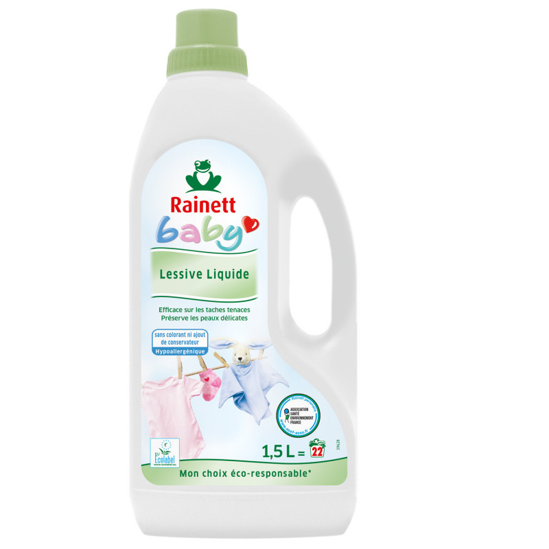 Pack de 3 - Rainett Baby Lessive Liquide Ecolabel Camomille Bouteille 1,5l  - 22 lavages