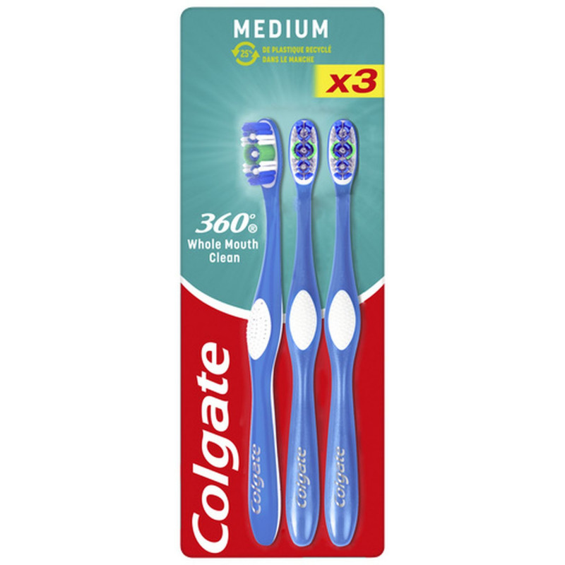 Pack de 12 - Brosse à dents Colgate 360 25% Plast Recy Medium Tripack