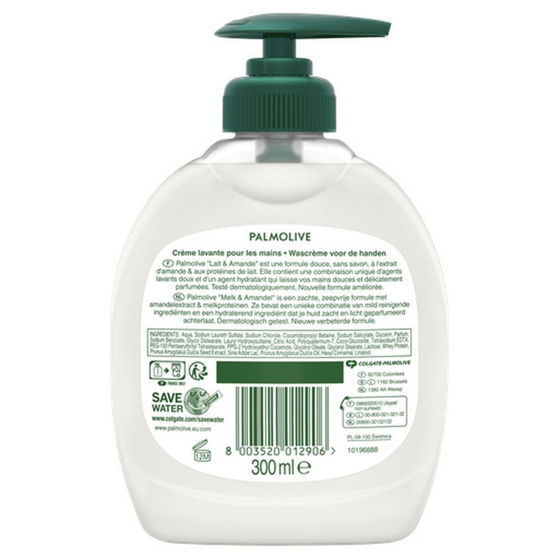 Pack de 12 - Savon liquide Mains Palmolive Soin délicat Amande & lait pompe - 300ml