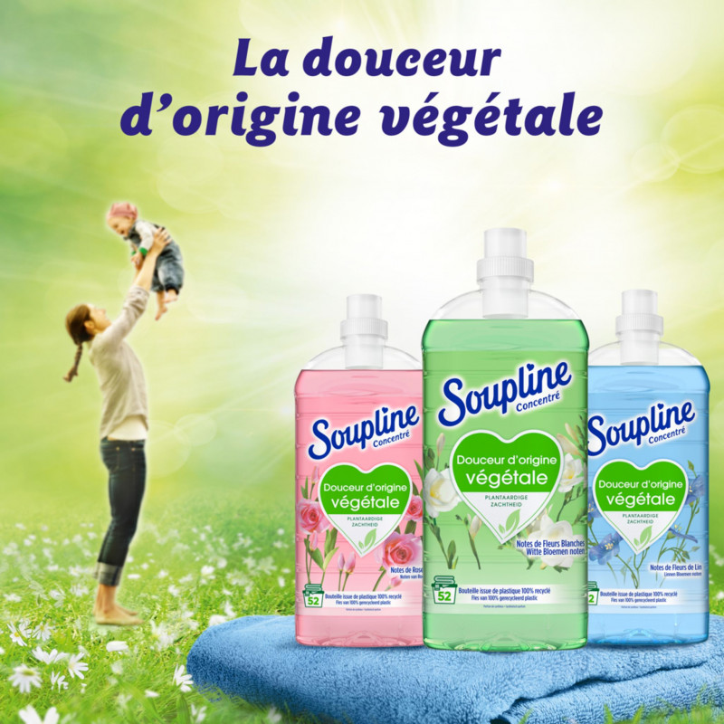 Pack de 12 - Adoucissant concentré Soupline Douceur végétale Notes de Fleurs blanches 52 lavages - 1,3L