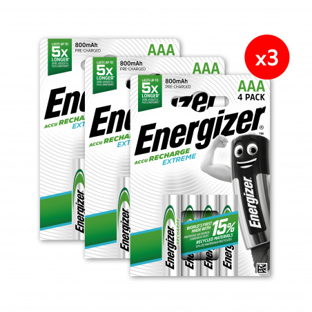 Pack de 3 - Energizer, Extreme Rechargeable AAA/HR03, pack de 4 Piles