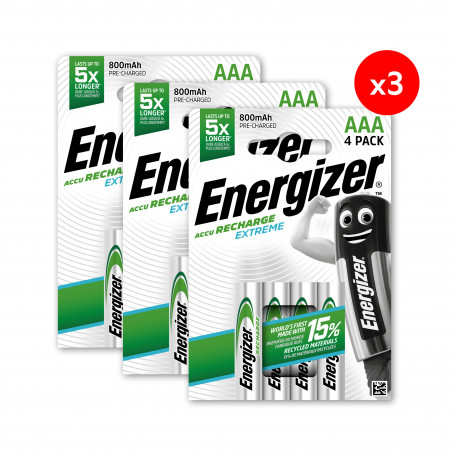 Pack de 3 - Energizer, Extreme Rechargeable AAA/HR03, pack de 4 Piles Pack de 3 - Energizer, Extreme Rechargeable AAA/HR03, pack de 4 Piles
