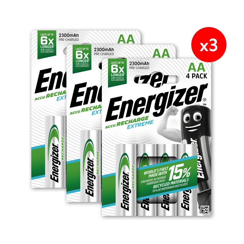 Pack de 3 - Energizer, Extreme Rechargeable AA/HR6, pack de 4 Piles