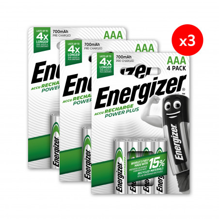 Pack de 3 - Energizer, Power Plus Rechargeable AAA/HR03, pack de 4 Piles