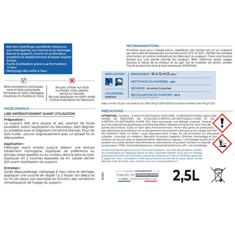 Starwax - Saturateur Application Facile Phase Aqueuse Incolore 2,5L