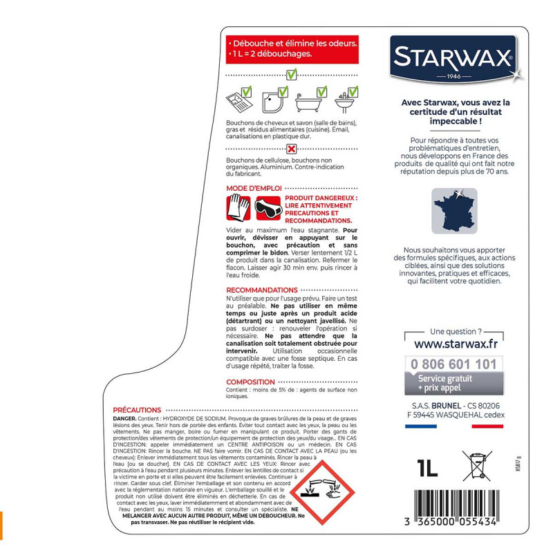 Pack de 2 - Starwax - Deboucheur Cuisine - Sdb Liquide A La Soude 1L