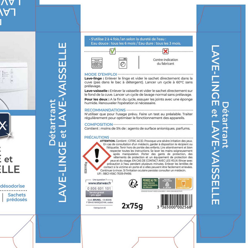 Pack de 2 - Starwax - Nettoyant Detartrant Lave Linge - Lave Vaisselle 2X75Gr