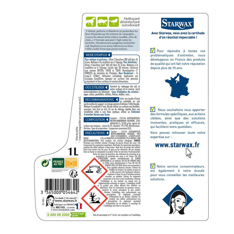 Pack de 2 - Starwax - Nettoyant Desinfectant Surodorant Animal 1L