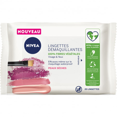Lingettes démaquillantes NIVEA Visage & Yeux Peaux Sèches 100% fibres végétales 20 lingettes