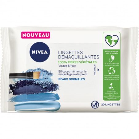 Lingettes démaquillantes NIVEA Visage & Yeux Peaux Normales 100% fibres végétales 20 lingettes