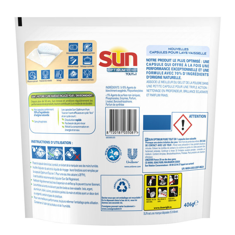 Sun Capsules Lave-Vaisselle Optimum Pure Tout En 1 Savon de Marseille 28 Capsules