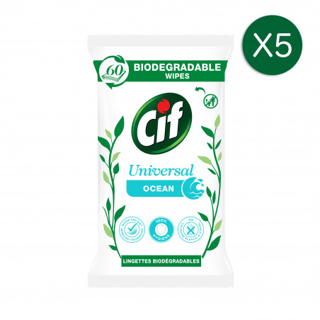 5x60 Lingettes Nettoyantes Biodégradables Cif Universal Ocean Efficacité & Brillance (300 lingettes)
