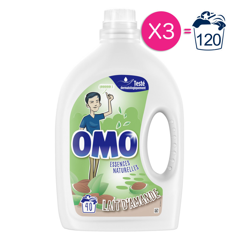 3x40 lavages - Lessive Liquide Omo Lait D'amande Testé dermatologiquement  (120 lavages)