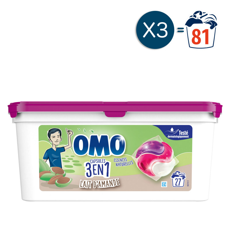 3x27 Capsules de Lessive Omo 3en1  Lait d'Amande (81 lavages)