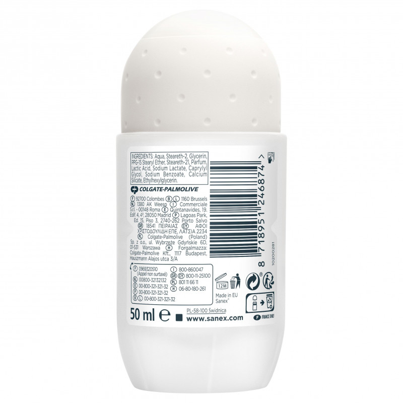 Déodorant  sans sels d'aluminium Sanex Zéro 0% anti traces blanches bille - 50ml