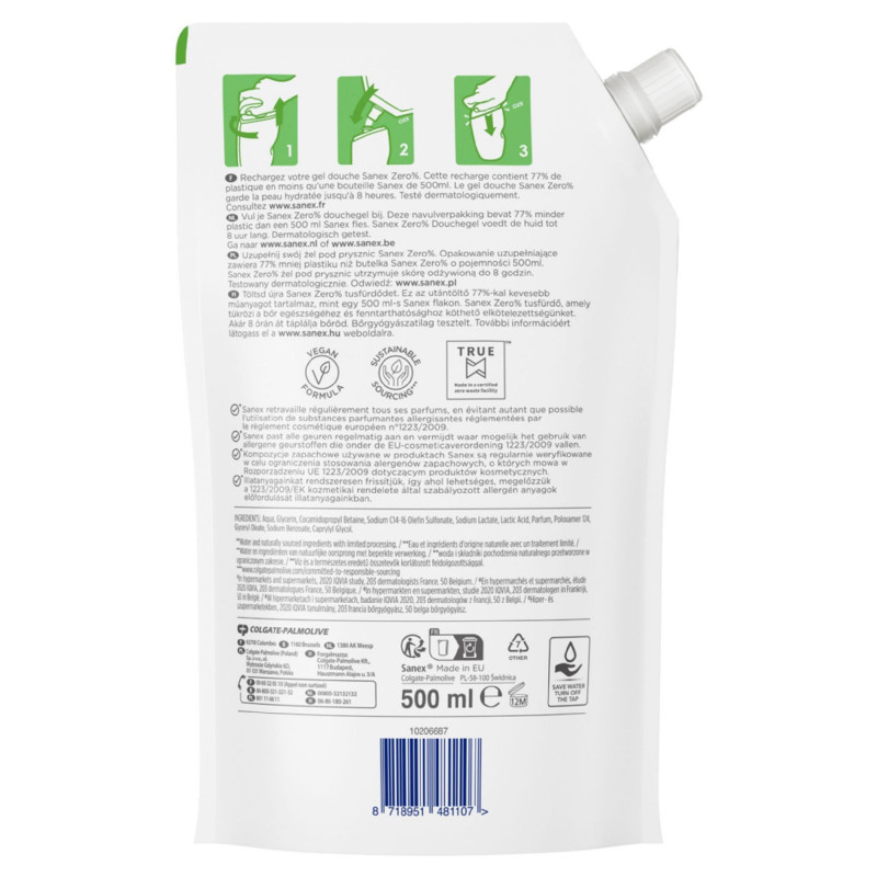 Pack de 12 - Sanex Eco recharges gel douche Essentiel Peau Sèche 500ml