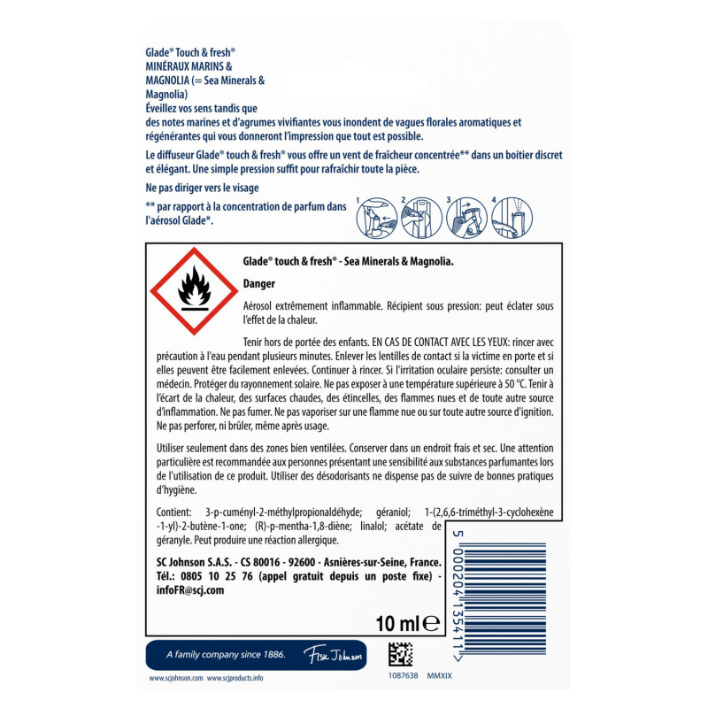 GLADE - PACK DE 6 ELEGANCE TOUCH & FRESH DIFFUSEUR SEA MINERALS & MAGNOLIA 1DIFF+1RECH 10 ML