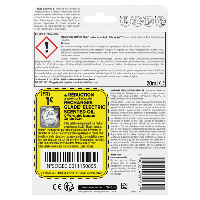 GLADE ELECTRIC SCENTED OIL DIFFUSEUR RELAXING ZEN 1 DIFF + 1 RECH 20 ML