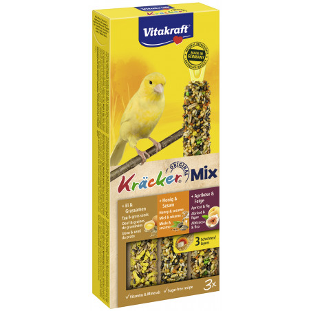 Vitakraft Kräcker Trio-Mix - Boîte de 3 friandises pour Canaris - Miel Sésame /Abricot Figue/Œuf Gra