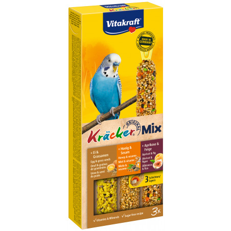 Vitakraft Kräcker Trio-Mix - Boîte de 3 friandises pour Perruches - Miel Sésame/Abricot Figue/Œuf Gr