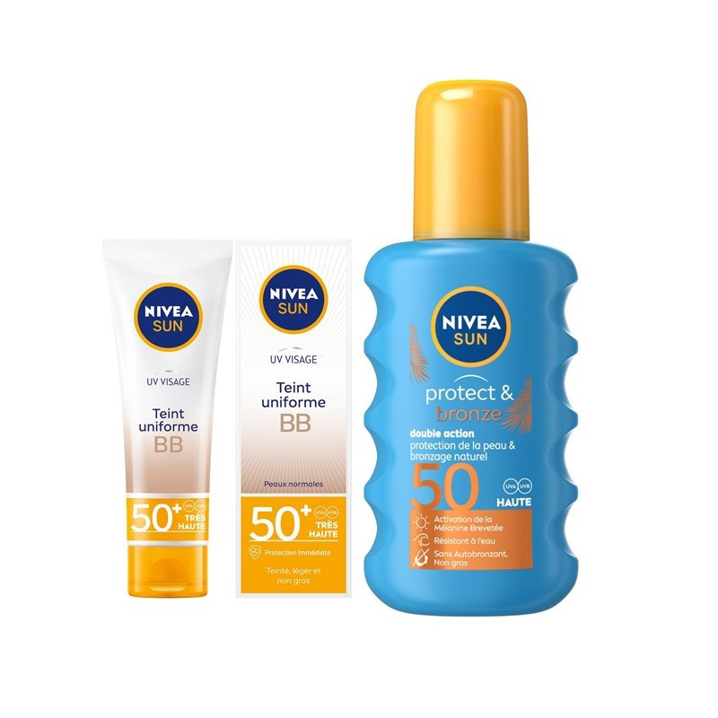 ROUTINE SUN Visage & Corps : Crème UV Visage BB FPS 50+  50ml+ Spray Protect&Bronze FPS 50  200ml