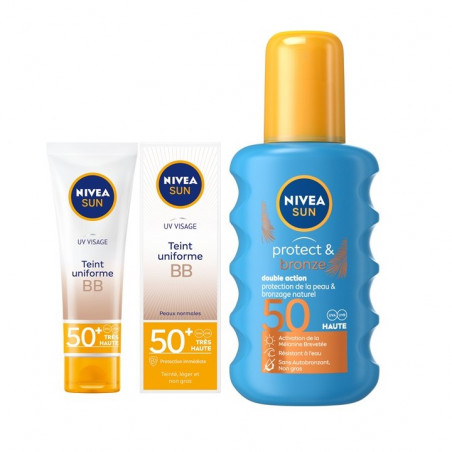 ROUTINE SUN Visage & Corps : Crème UV Visage BB FPS 50+  50ml+ Spray Protect&Bronze FPS 50  200ml