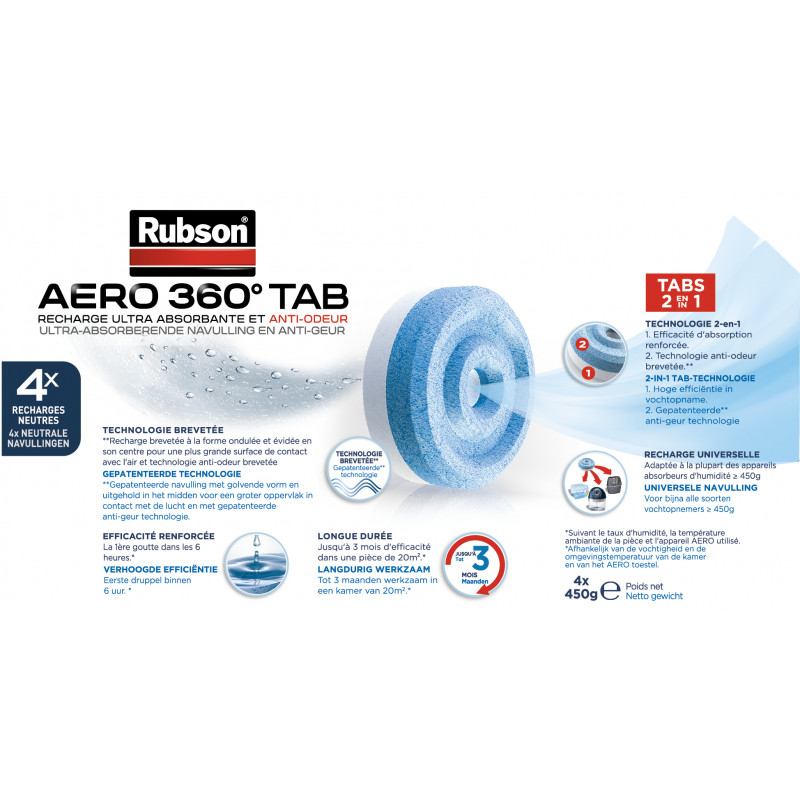 Absorbeur d'humidité Pure pour pièces de 20 m² (+ recharge neutre) & 4 recharges en tabs neutres pour l'absorbeur d'humidité