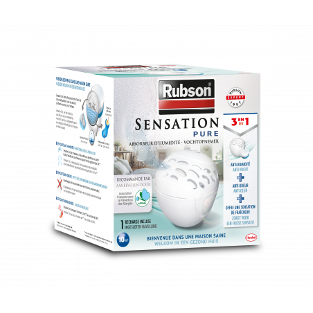 RUBSON - Absorbeur d'Humidité Sensation Pure (inclus 1 recharge) et  2 recharges universelles pour absorbeur d'humidité.