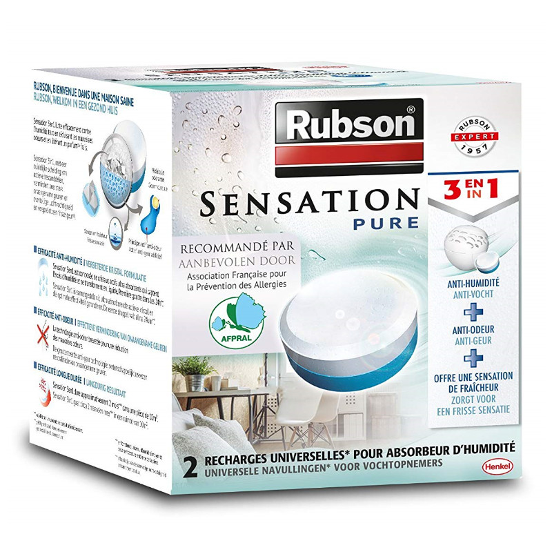 RUBSON - Absorbeur d'Humidité Sensation Pure (inclus 1 recharge) et  2 recharges universelles pour absorbeur d'humidité.