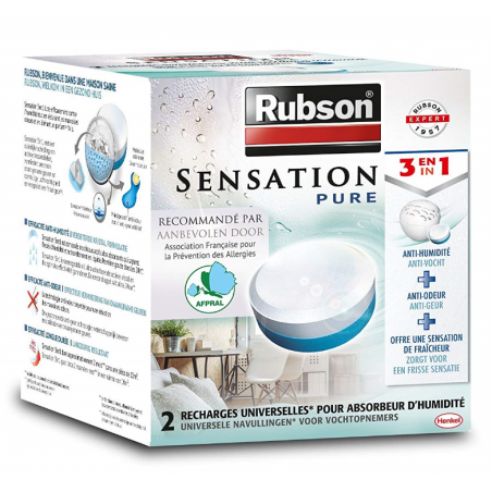 RUBSON - Absorbeur d'Humidité Sensation Pure (inclus 1 recharge) et  2 recharges universelles pour absorbeur d'humidité.