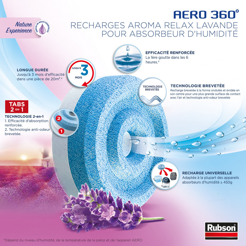 Recharges Déshumidificateur Rubson AERO 360° - Lot De 8 Tablettes 450g (4 Neutres, 2 Lavande, 2 Fleurs Sauvages)