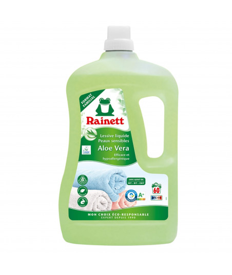 Rainett Lessive Liquide Peaux Sensibles Ecolabel Aloe Vera 3l - Bouteille 60 lavages