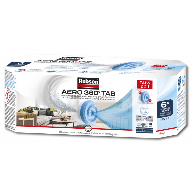 Rubson AERO 360° Absorbeur d'humidité pour pièces de 20 m²,  déshumidificateur d'air anti odeurs & anti moisissure, inclus 1 recharge  neutre de 450 g : : Cuisine et Maison