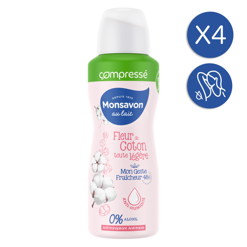 4x100ml Anti-Transpirants Sprays Compressés Monsavon Lait & Coton Protection 48h (Lot de 4x100ml )