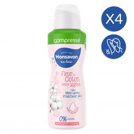 4x100ml Anti-Transpirants Sprays Compressés Monsavon Lait & Coton Protection 48h (Lot de 4x100ml )