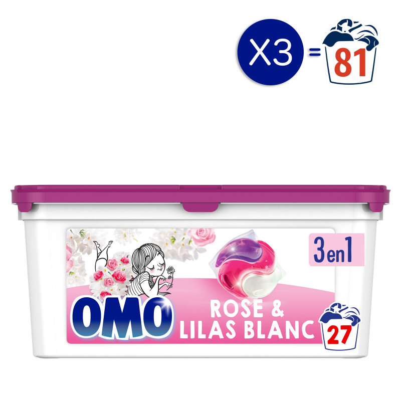 3x27 Capsules Lessive 3en1 Omo Rose & Lilas Blanc  (81 capsules)