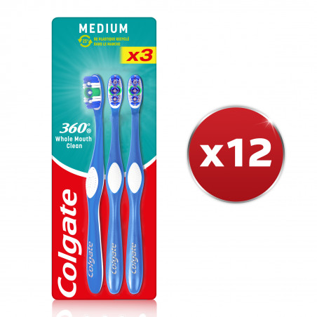 Pack de 12 - Brosse à dents Colgate 360 25% Plast Recy Medium Tripack