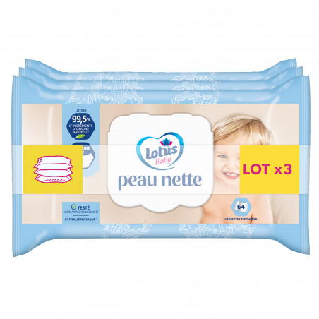 3 paquets de 64 Lingettes Lotus Baby Peau Nette