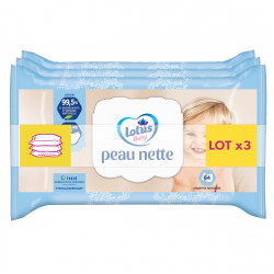 3 x 3 paquets de 64 Lingettes Lotus Baby Peau Nette