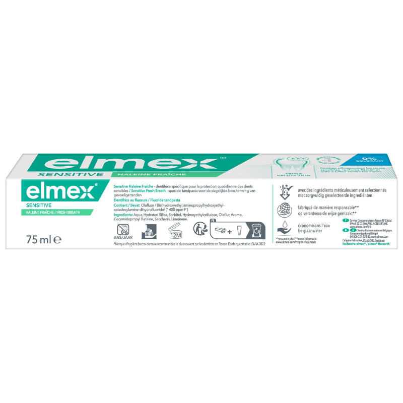 ELMEX Dentifrice Sensitive Haleine Fraîche Triple Protection 0% Colorant Lot de 12 x 75ml