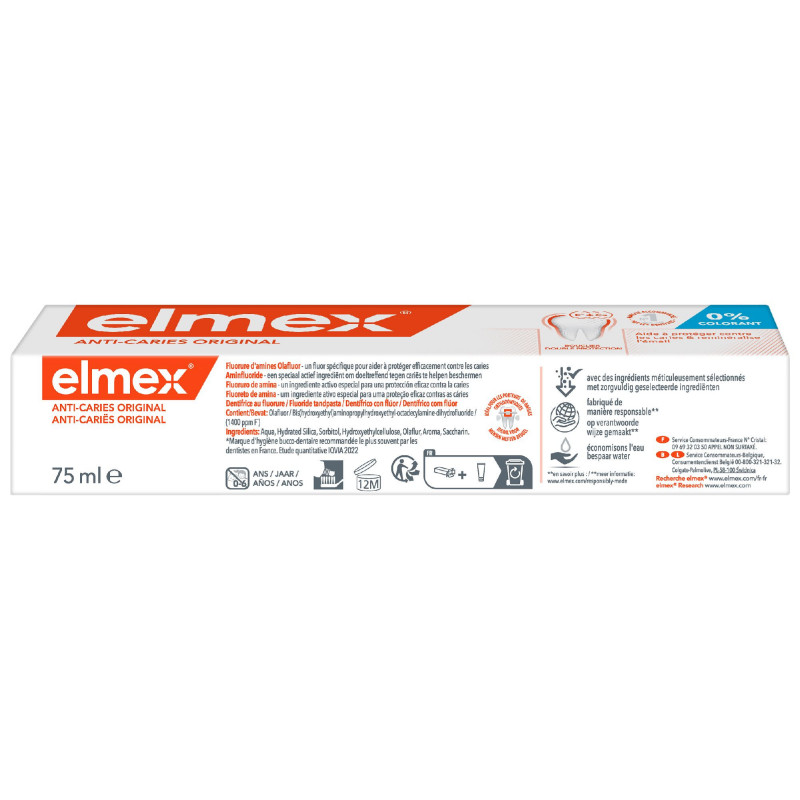 ELMEX Dentifrice Anti-Caries Original Bouclier Double Protection 0% Colorant Lot de 12 x 75ml