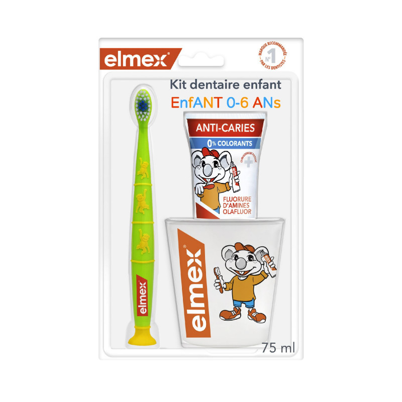 ELMEX Kit Dentaire Anti-Caries Enfants 0-6 Ans (1 Brosse à Dents Manuelle + 1 Dentifrice 0-6 Ans + Un Gobelet) Lot de 6 Paquets