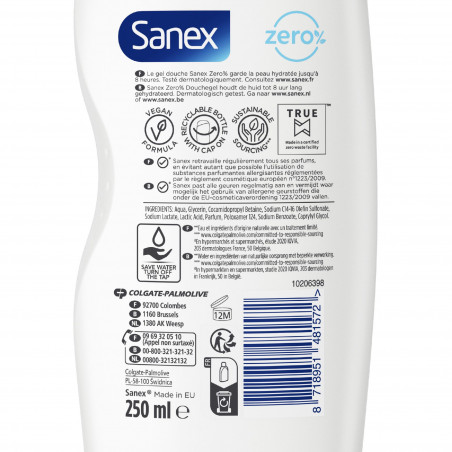 SANEX Gel Douche Hydratant Zero% Essential Ingredients Tous Types de Peaux Lot de 6 x 250ml