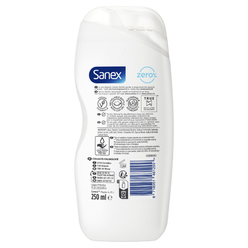 SANEX Gel Douche Nourissant Zero% Essential Ingredients Peaux Sèches Lot de 6 x 250ml